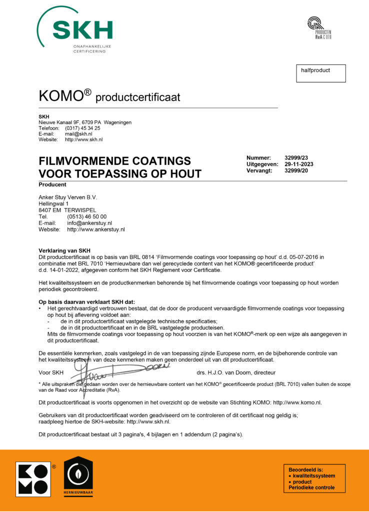 KOMO® productcertificaat filmvormende coatings voor toepassing op hout