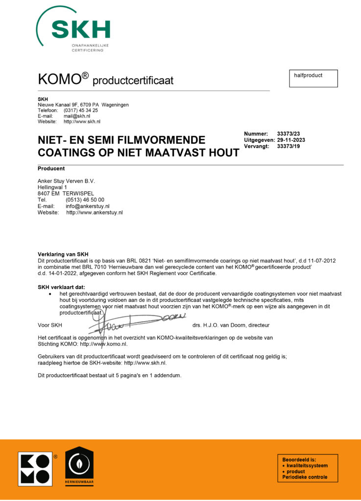 KOMO® productcertificaat niet – en semi filmvormende coatings op niet maatvast hout